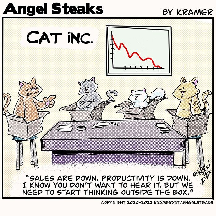 Cartoon of cats in a boardroom meeting, discussing a downturn with a graph, showcasing positive humor.