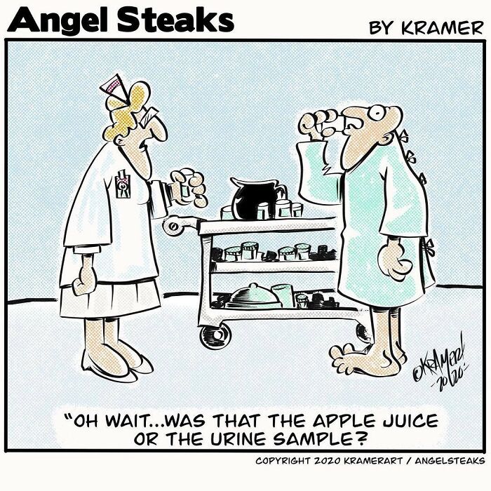 Cartoonist's comic featuring positive humor with a nurse and patient confused over apple juice and urine sample on a cart.