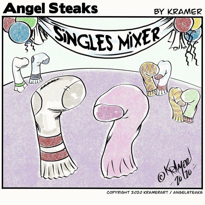 Cartoonist's single-panel comic of socks at a "Singles Mixer," showcasing positive humor.