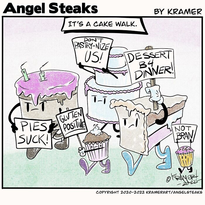 Cartoon of cakes and pastries holding protest signs with humorous slogans.