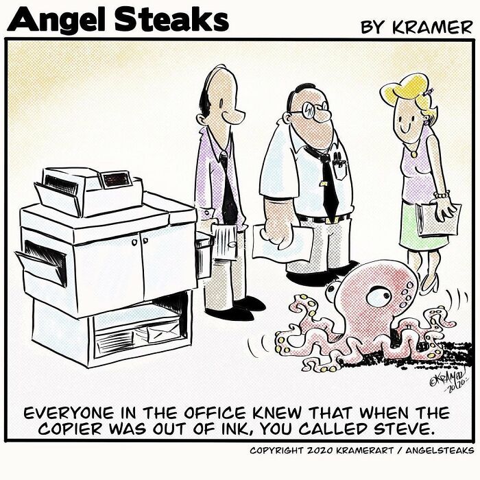 Office workers with a squid fixing the copier, showcasing positive humor in a single-panel comic.