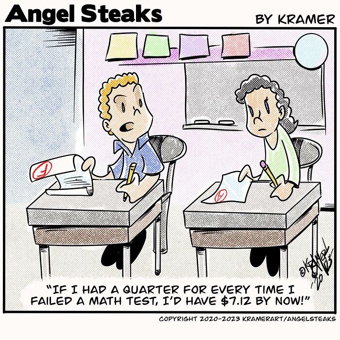 Cartoon panel showing students joking about math test scores, conveying positive humor.