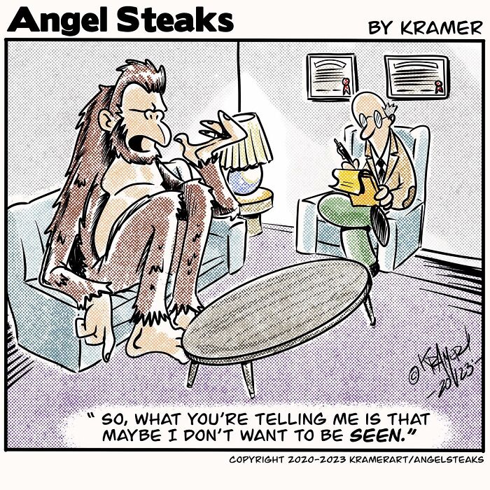 Cartoonist depiction of Bigfoot in therapy, adding positive humor with funny dialogue.