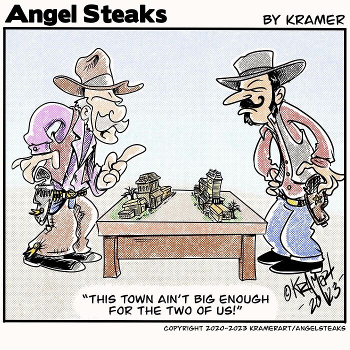 Cowboys humorously dispute over a small town model, illustrating positive humor in a single-panel comic.