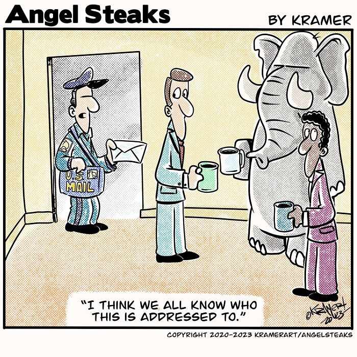 Cartoonist's single-panel comic with humorous depiction of an elephant receiving mail from a mailman.