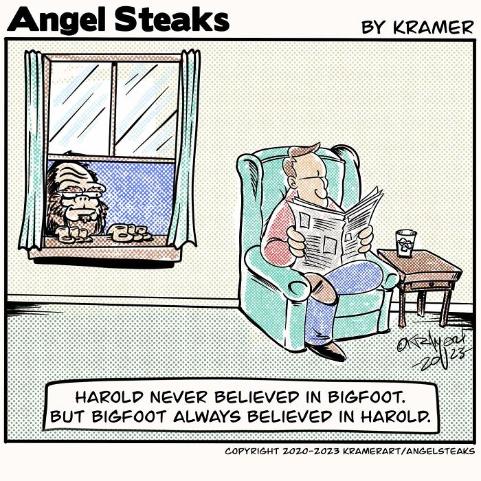 Single-panel comic with positive humor; Bigfoot watches a man reading indoors.