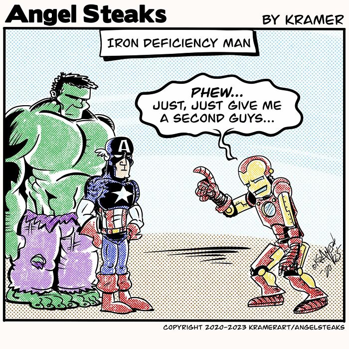 Cartoonist's comic with superheroes, titled "Iron Deficiency Man," adding positive humor to a classic superhero scene.