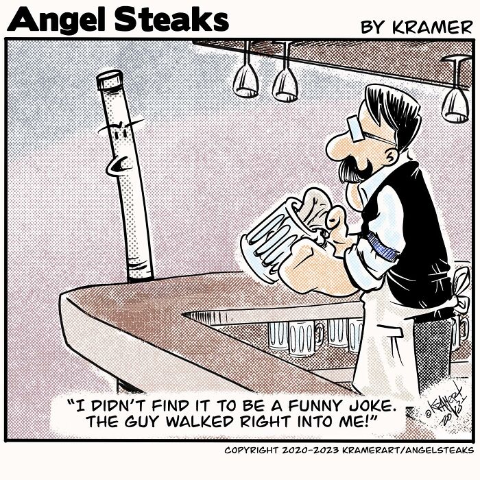 Cartoonist comic showcases bartender humorously serving a stunned patron at the bar.