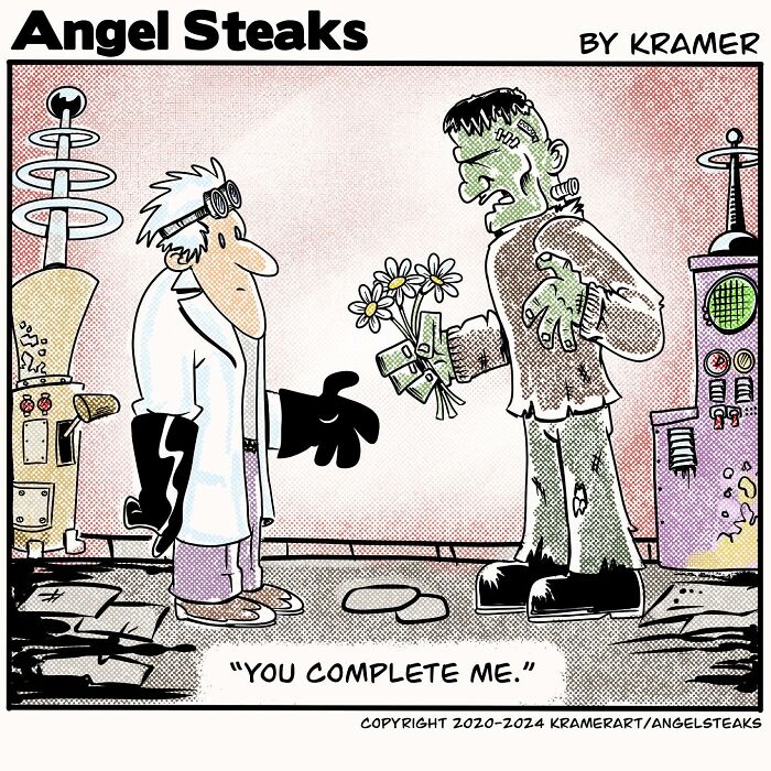 Cartoonist's comic shows a scientist and creature exchanging flowers with humor and positivity, captioned "You complete me."