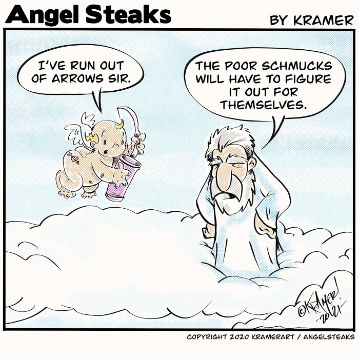 Cartoonist's single-panel comic with an angel and elder in a humorous cloud scene.