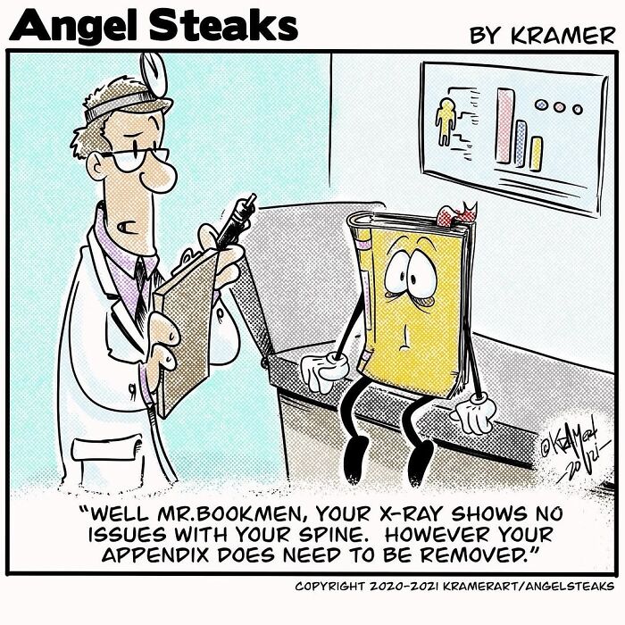 Cartoonist comic showing a doctor with a book character, humorously discussing an "appendix" issue.