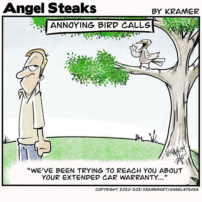 Cartoonist's comic with a bird on a tree saying, "We've been trying to reach you about your extended car warranty."