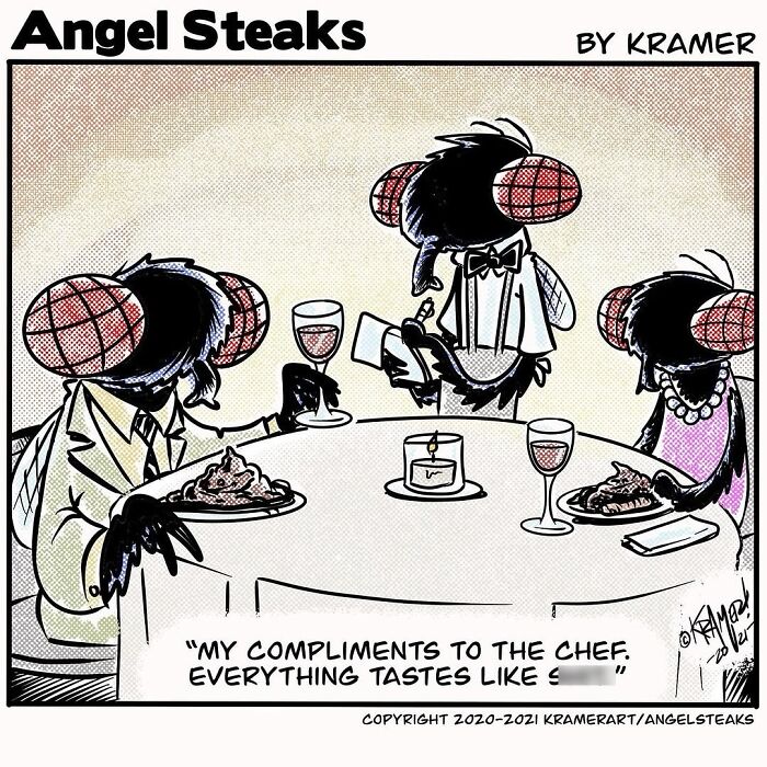 Cartoonist illustration featuring flies dining at a table with a comedic touch.