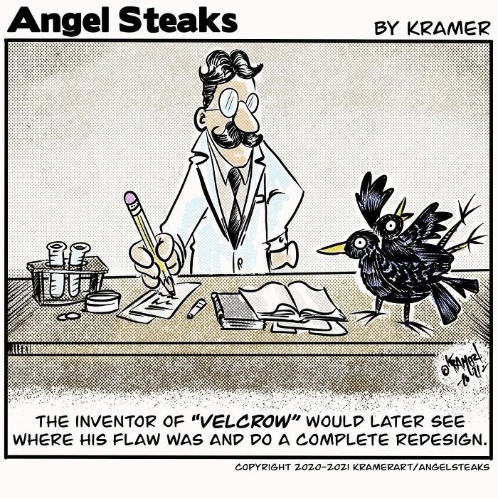 Cartoonist's positive humor: a scientist sketches while quirky birds look on encouragingly.