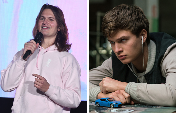 Two actors who had promising careers, one speaking on stage, another wearing earbuds and leaning on a table with a toy car.