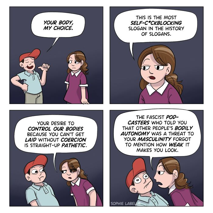 Comic strip addressing transgender experiences, featuring a conversation on bodily autonomy and social issues.