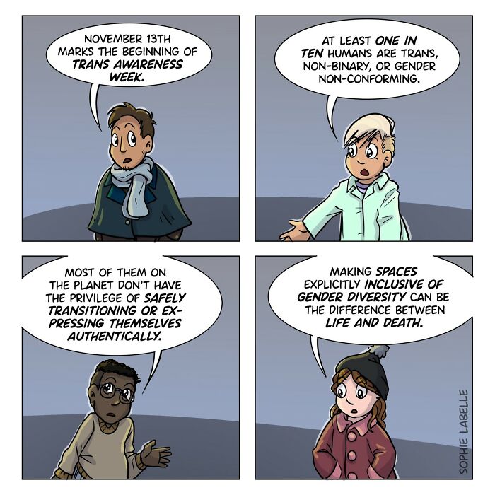 Comic by artist on transgender experiences and social issues, featuring diverse characters discussing gender diversity and inclusion.