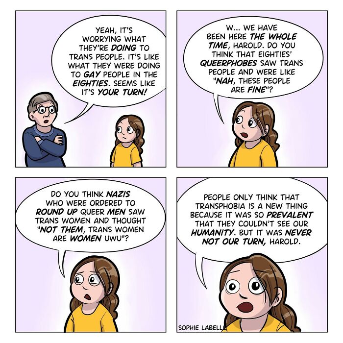 Comic by artist addressing transgender experiences and social issues, featuring a conversation on historical and current challenges.