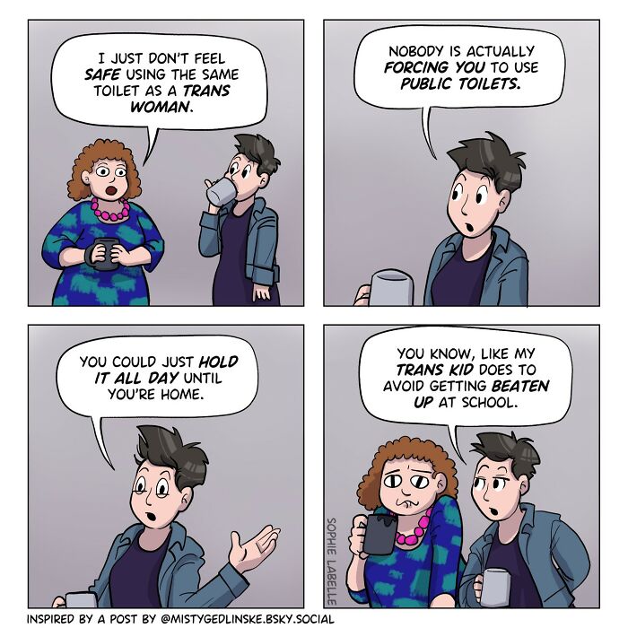 Comic addressing transgender experiences, featuring a conversation about using public toilets and safety concerns.