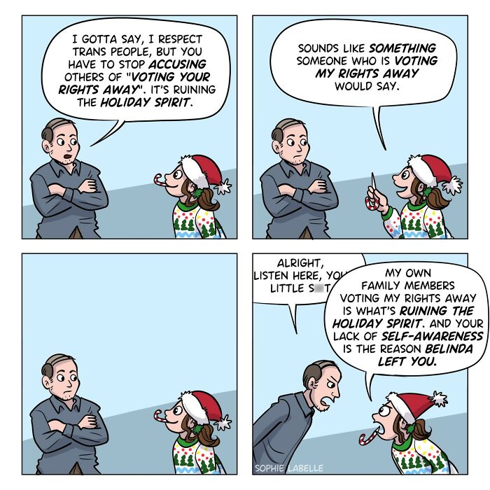 Comic panel depicting a conversation on transgender experiences and social issues during the holiday season.