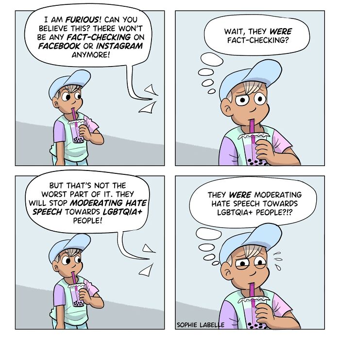 Comic by artist addressing transgender experiences, featuring a character shocked about social media fact-checking changes.