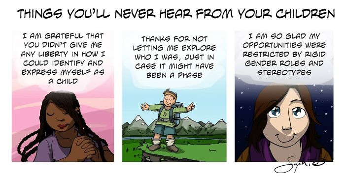 Comic strip addressing transgender experiences and social issues with three panels highlighting restrictive influences on identity.