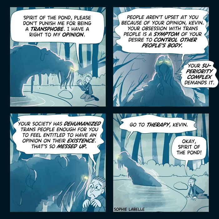 Comic by artist on transgender experiences and social issues, featuring a character in dialogue with a mystical pond spirit.