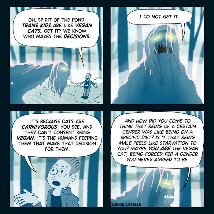 Comic by artist Sophie Labelle addressing transgender experiences and social issues, featuring dialogue about gender identity.