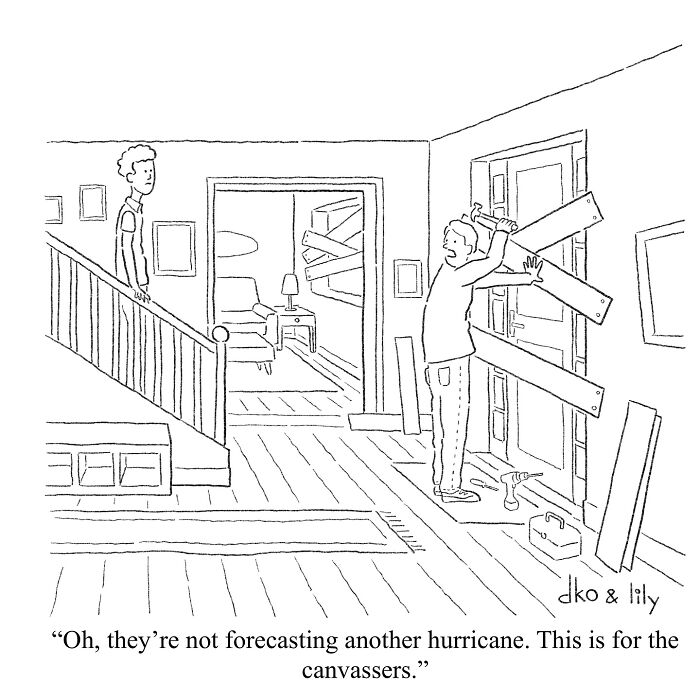 Comic artist humorously depicts modern world absurdity by boarding up doors against canvassers.