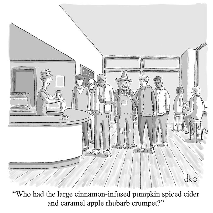 Humorous comic depicting a cafe scene with quirky drink orders and customers queuing at the counter.