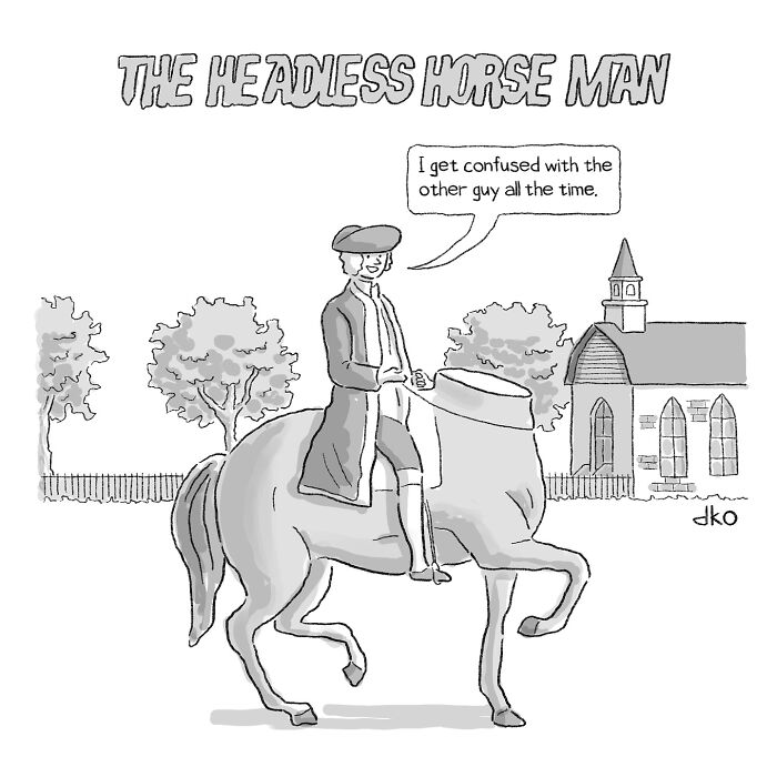 Comic depicting the "Headless Horse Man" riding a horse humorously, revealing absurdities of the modern world.