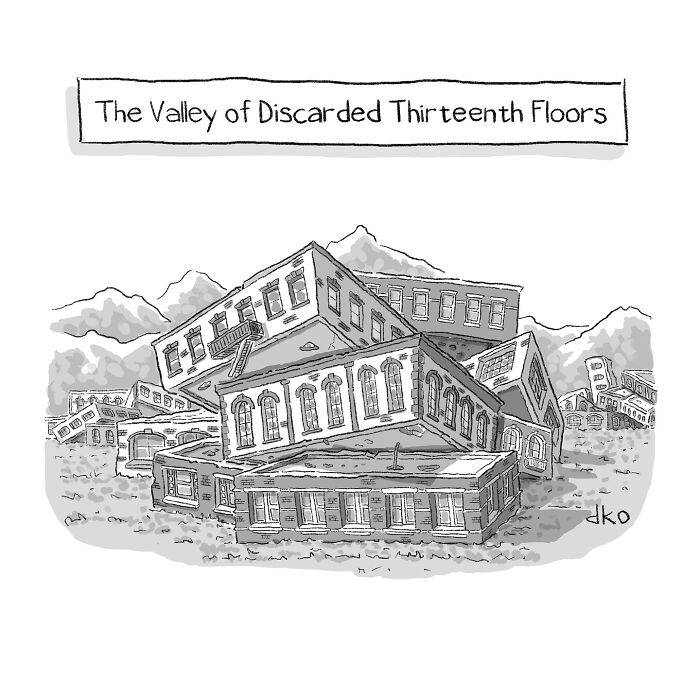 Humorous comic depicting a valley of disconnected thirteenth floors, illustrating modern world absurdities.