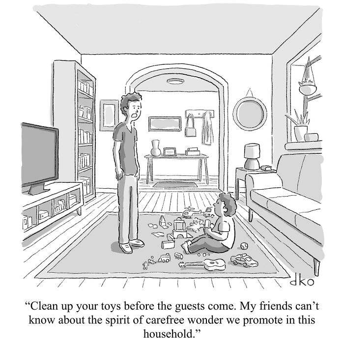 Comic satire of modern life with a parent asking a child to tidy toys in the living room before guests arrive.