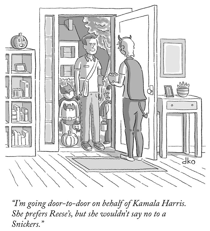 Comic illustration showing Halloween trick-or-treaters with humorous text about modern world absurdities.