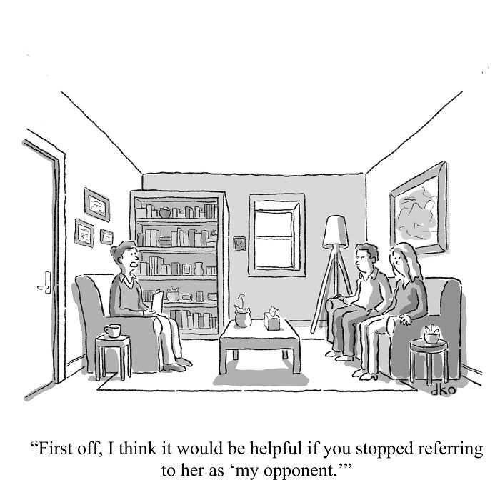 Humorous comic depicting a therapy session with a humorous caption about referring to someone as "my opponent."