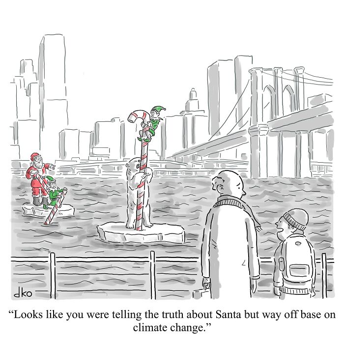 Comic of modern world absurdities with Santa, polar bear, and elf stranded on ice in a city river.