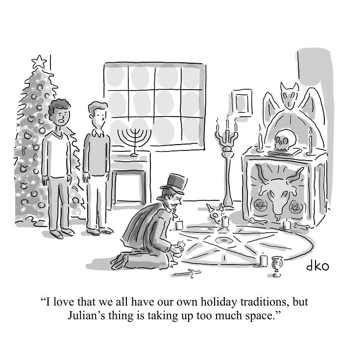 Humorous comic showing holiday traditions with a person drawing a pentagram, while others stand by a Christmas tree and menorah.