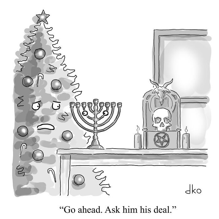 Humorous comic shows a confused Christmas tree next to a table with a menorah and gothic decor, highlighting absurdities.
