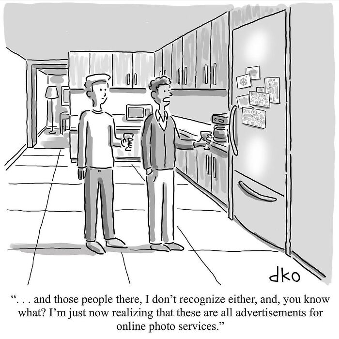 Two men in a kitchen realizing absurdities of modern life, with amusing reflections on photo advertisements on the fridge.