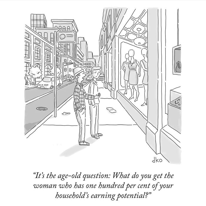 Comic depicting two men discussing shopping outside a store; humorous take on modern world absurdities.