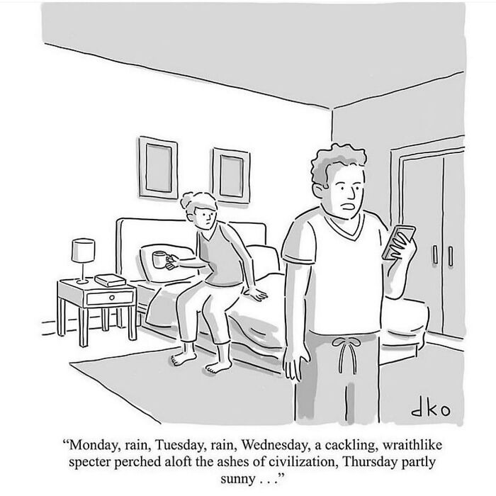 Comic showing a man reading a phone forecast, highlighting the absurdities of the modern world with humor.