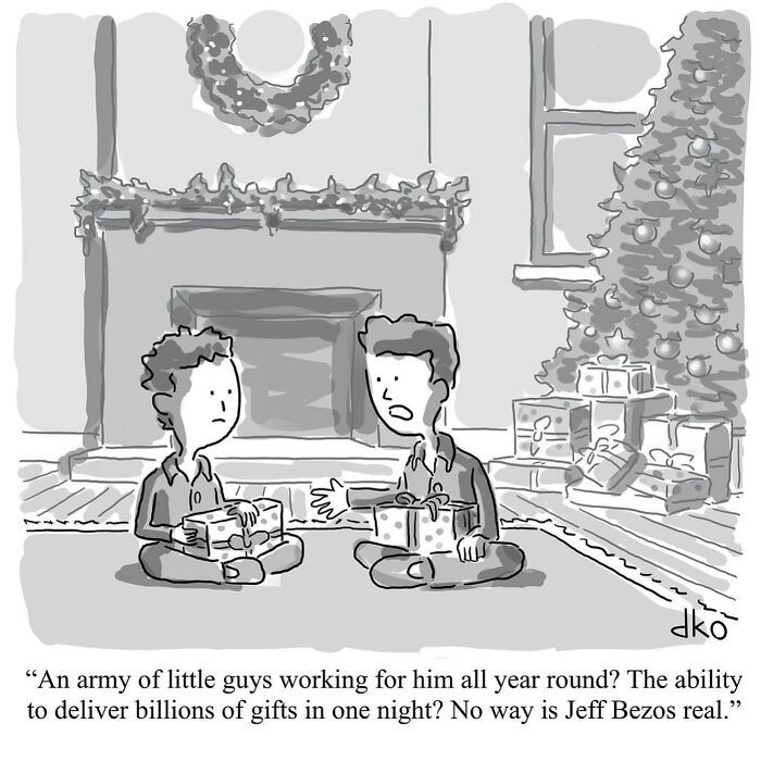Two kids humorously question Santa's capabilities in a modern comic about absurdities.