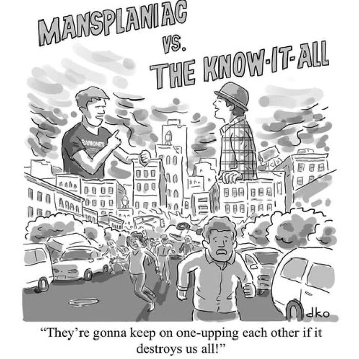 Comic highlighting modern absurdities with "Mansplaniac vs. The Know-It-All" causing chaos in a city.