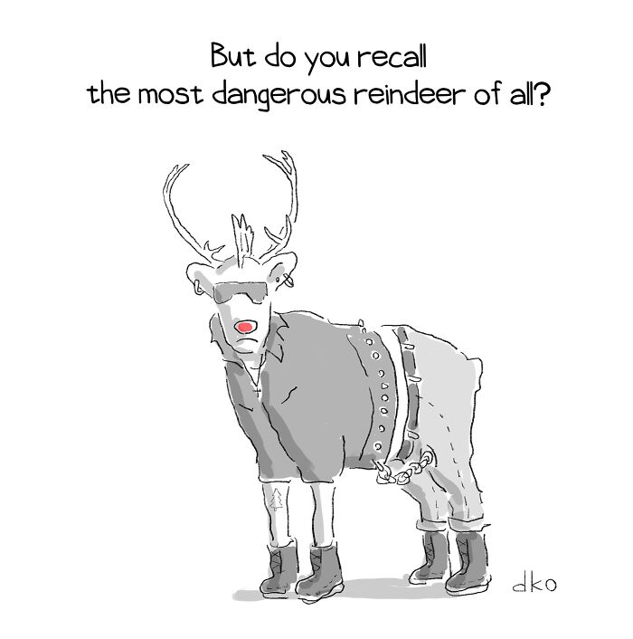 Humorous comic of a reindeer dressed as a biker with text about recalling a dangerous reindeer.