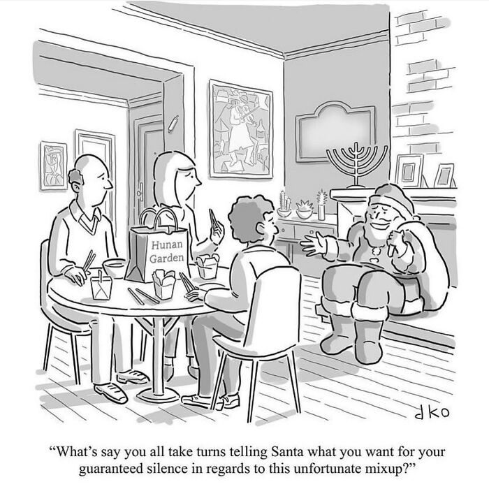 Humorous comics scene with Santa sitting near a family dining table with takeout, discussing an absurd mix-up.
