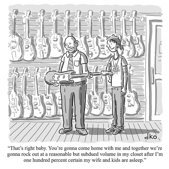 Comic depicting humor in modern life: man holding a guitar in a store, planning to play quietly at home.