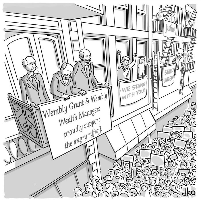 Comic illustrating absurdities of the modern world with businessmen and protesters holding conflicting signs.