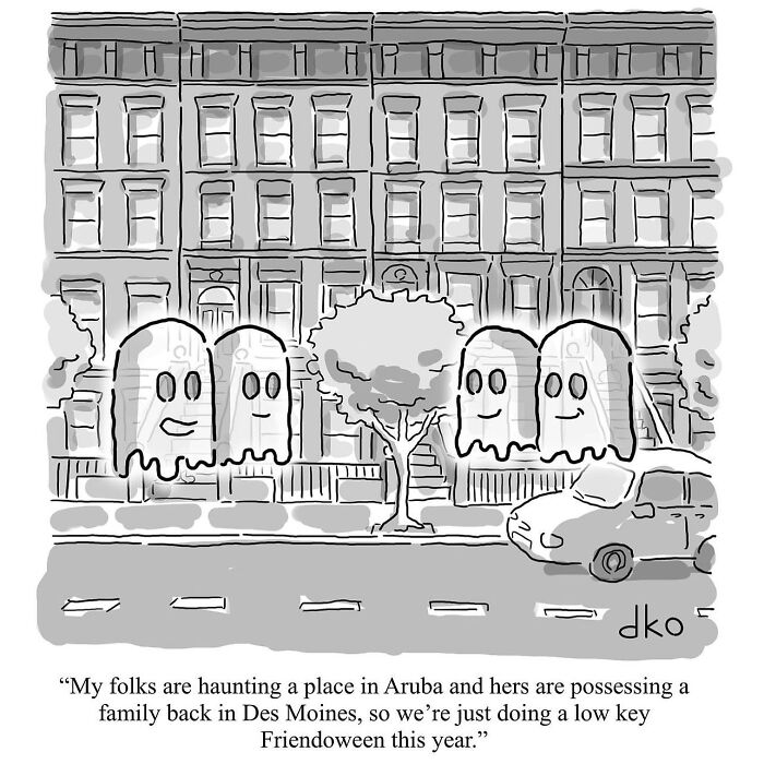 Humorous comic of two ghost families planning a low-key Friendoween, depicting modern world absurdities.