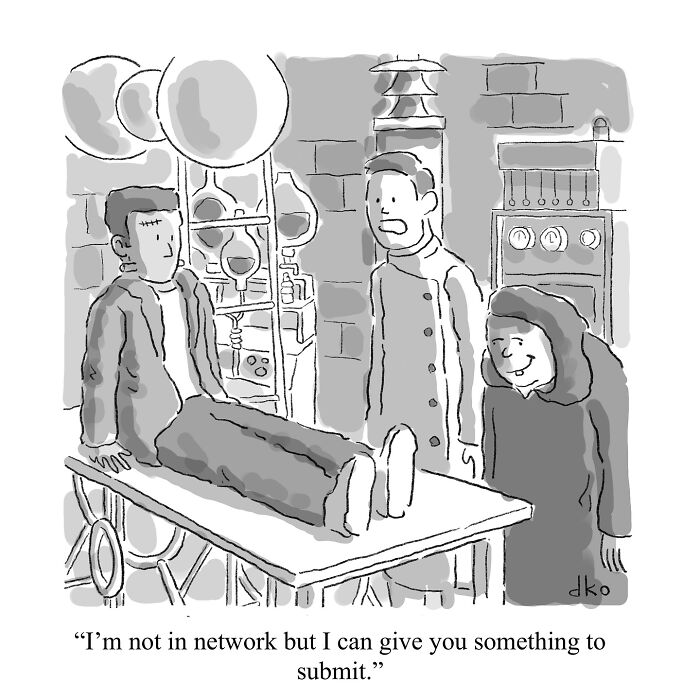 Comic illustrating modern absurdities with a patient on an operating table and doctors discussing network issues humorously.