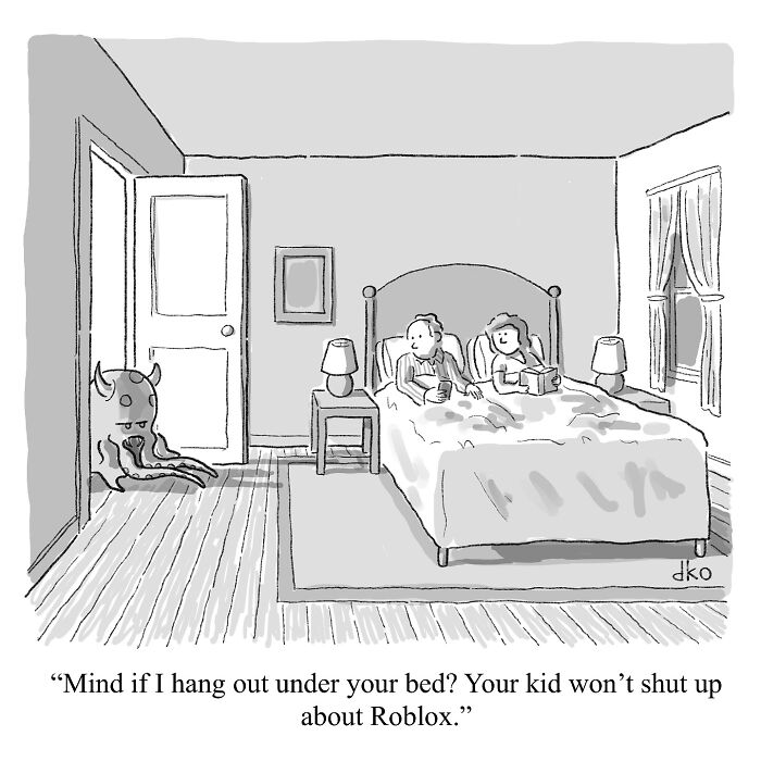 Comic illustrating absurdities of the modern world with a monster asking to hide under the bed from a kid talking about Roblox.